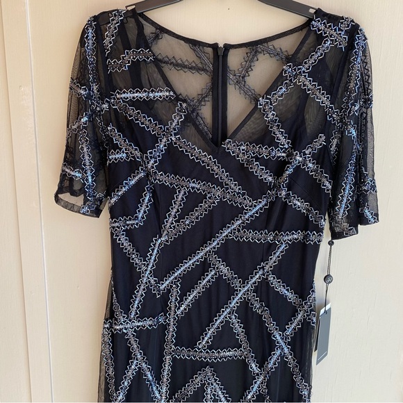 NWT Adrianna Papell Black Beaded Short Sleeve Long Formal Gown Size 4 - Picture 3 of 11